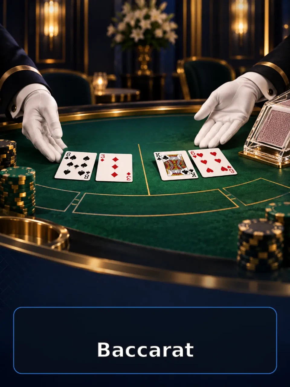 Original cinematic baccarat table with cards and dealer hands