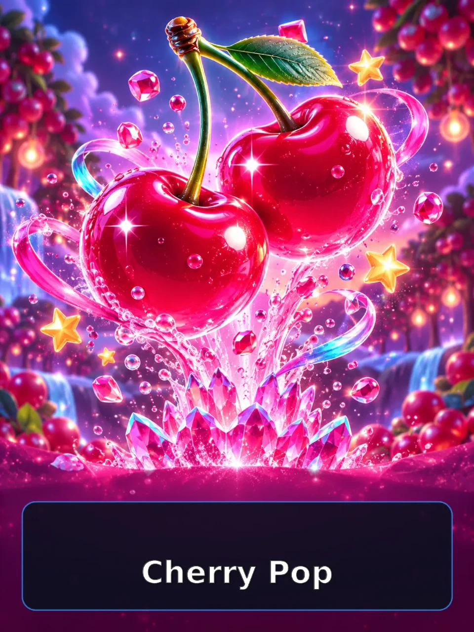 Original ruby cherries rising from a crystalline fountain in a neon orchard
