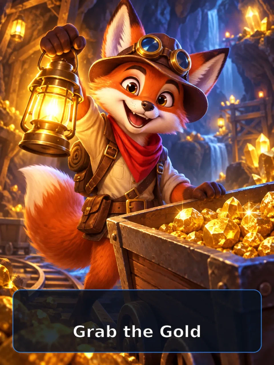 Original fox treasure hunter beside a cart of glowing gold in a cavern
