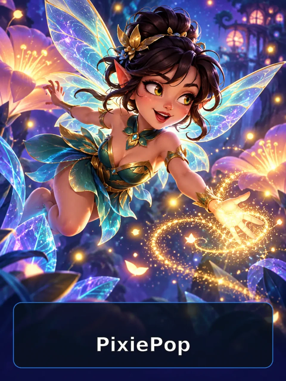 Original winged pixie flying through a glowing enchanted garden