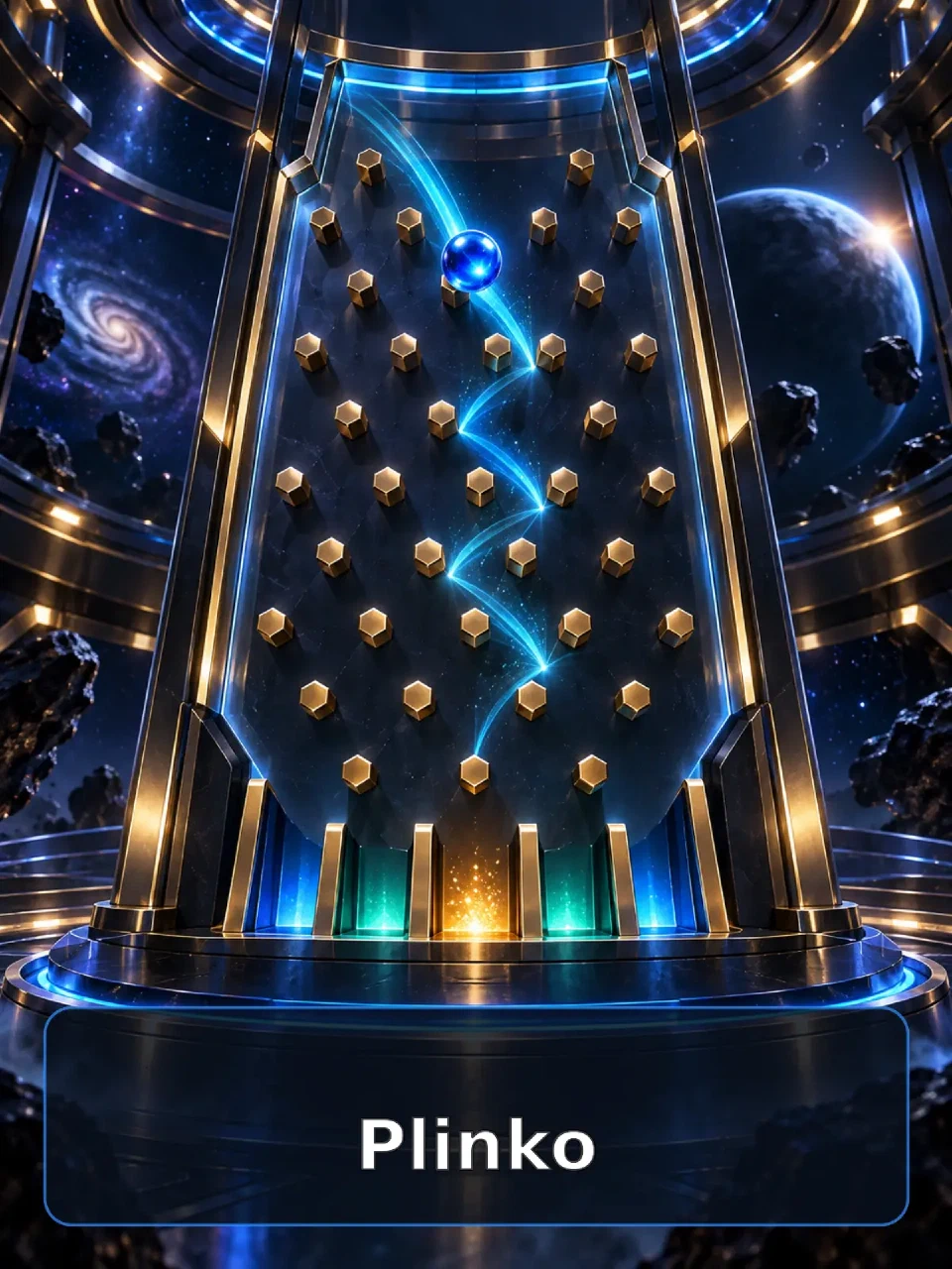 Original futuristic peg board with a glowing blue ball in motion