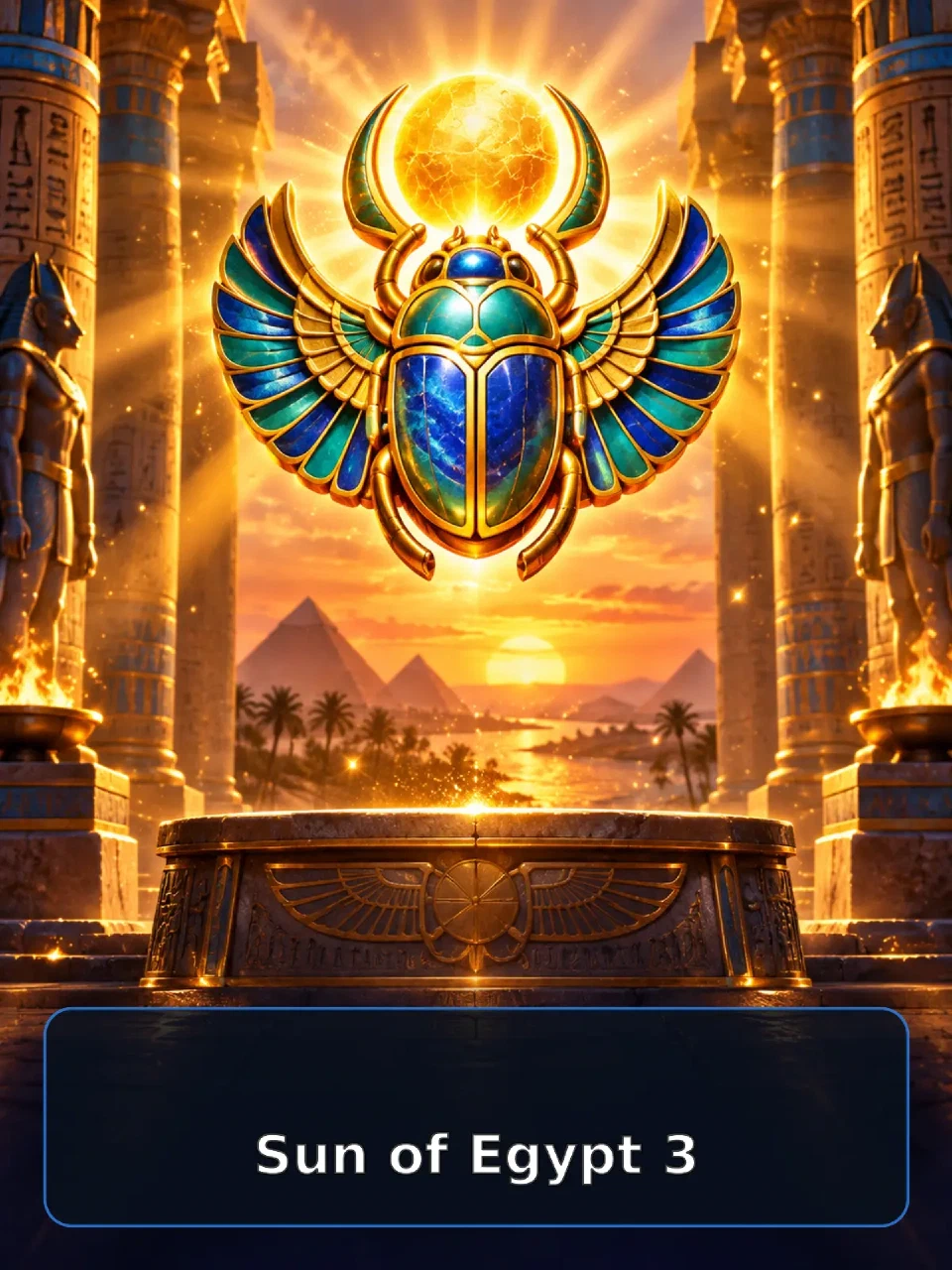 Original golden scarab relic floating inside a sunlit Egyptian temple