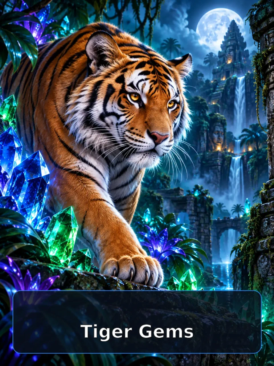 Original tiger walking through a moonlit crystal jungle