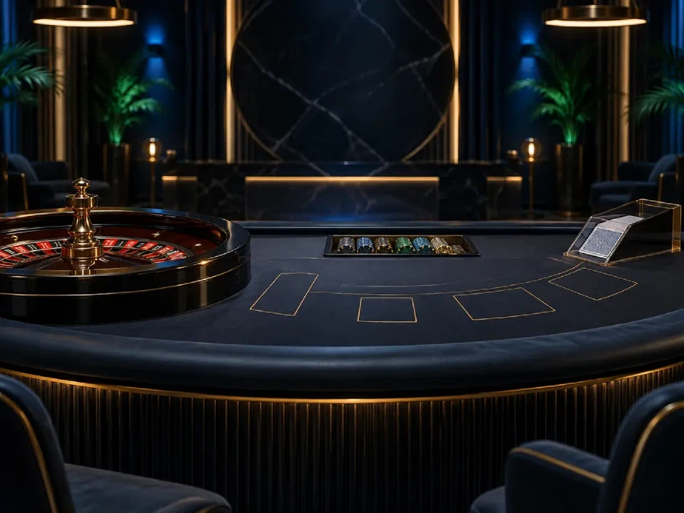 Empty live casino studio with roulette and card tables