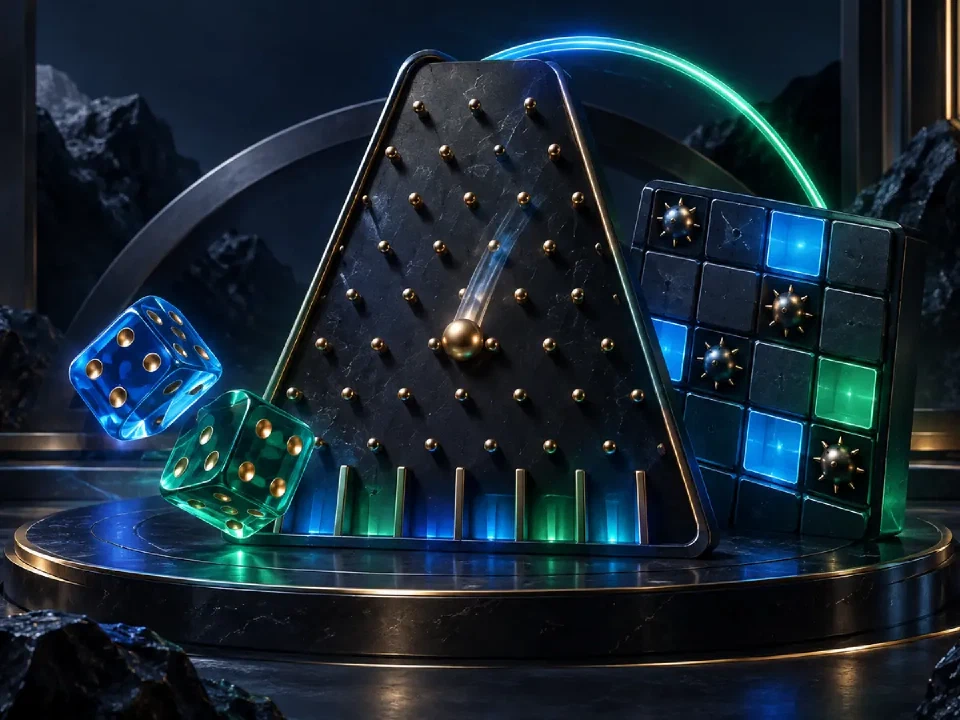 Abstract Plinko board, dice and mines grid representing original games
