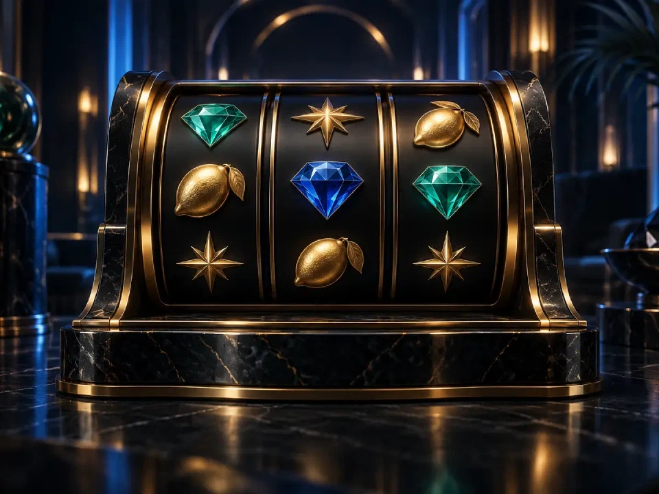 Abstract slot reels with gem, star and fruit symbols