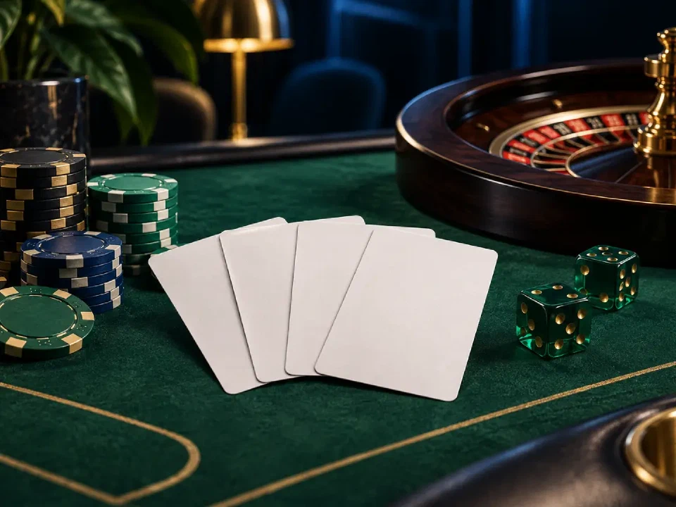 Casino table with blank cards, chips, dice and roulette wheel