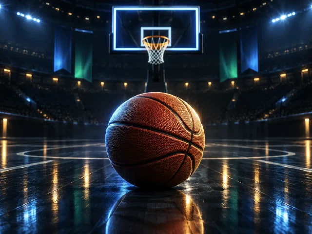 Basketball beneath a hoop in a dark indoor arena