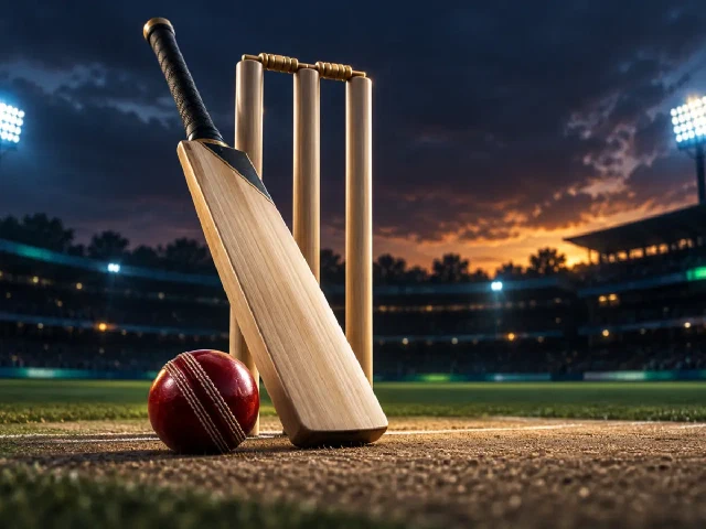 Cricket bat, ball and stumps on a floodlit pitch