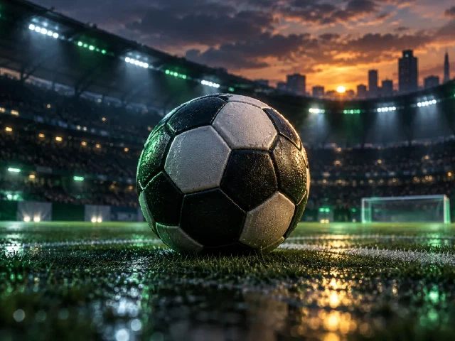 Football on a floodlit stadium pitch at dusk