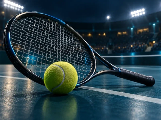 Tennis racket and ball on a blue-green court